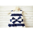 Princessly.com-K1000188-Ivory Navy Blue Stripes Satin Flower Girl Dress with bow-01