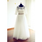 Princessly.com-K1000224-Long Elbow Sleeves Ivory Lace Tulle Wedding Dress with beaded sash-01