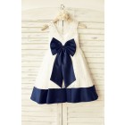 Princessly.com-K1000166-Deep V Back Ivory Lace Flower Girl Dress with navy blue bow-01