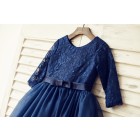Princessly.com-K1000128-Long Sleeves Navy blue Lace Tulle Flower Girl Dress-01