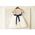 Princessly.com-K1000125-Short Sleeves Mate Champagne Sequin Tulle Flower Girl Dress with navy blue sash-01