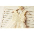 Princessly.com-K1000109-Princess V Neck Champagne Tulle Pearl Beaded Flower Girl Dress-01