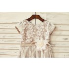 Princessly.com-K1000173-Brown Satin Ivory Lace Short Sleeve Flower Girl Dress-01