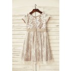 Princessly.com-K1000173-Brown Satin Ivory Lace Short Sleeve Flower Girl Dress-01