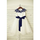 Princessly.com-K1000202-Navy Blue Lace Ivory Satin Organza Flower Girl Dress with navy sash-01