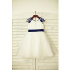Princessly.com-K1000202-Navy Blue Lace Ivory Satin Organza Flower Girl Dress with navy sash-01
