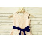 Princessly.com-K1000206-Lace Flower Girl Dress with navy blue sash /Blush Pink Lining-01