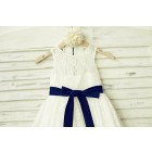Princessly.com-K1000196-Ivory Lace Flower Girl Dress with navy blue sash-01