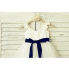 Princessly.com-K1000197-V Neck Ivory Satin Tulle Flower Girl Dress with navy blue sash-01