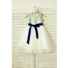 Princessly.com-K1000134-Mint Sequin Ivory Tulle Flower Girl Dress with navy blue sash-01