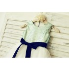 Princessly.com-K1000134-Mint Sequin Ivory Tulle Flower Girl Dress with navy blue sash-01
