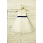 Princessly.com-K1000184-Ivory Lace Tulle Flower Girl Dress with keyhole back/Navy Blue Belt-02