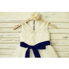 Princessly.com-K1000181-V Neck Ivory Lace Tulle Flower Girl Dress with navy blue sash-01