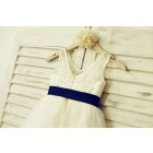 Princessly.com-K1000181-V Neck Ivory Lace Tulle Flower Girl Dress with navy blue sash-01