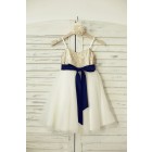 Princessly.com-K1000209-Thin Straps Champagne Sequin Tulle Flower Girl Dress with navy blue belt-01