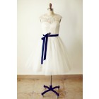 Princessly.com-K1000229-Lace Tulle Short Bridesmaid Dress with navy blue sash-01