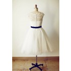 Princessly.com-K1000229-Lace Tulle Short Bridesmaid Dress with navy blue sash-01