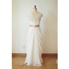Princessly.com-K1000252-Ivory Lace Chiffon Cap Sleeves V Back Wedding Dress with champagne sash-01
