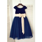 Princessly.com-K1003337 Navy Blue Velvet Tulle Cap Sleeve Wedding Flower Girl Dress with Champagne Sash\Bow-01