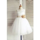 Princessly.com-K1003510-Ivory Lace Tulle Wedding Flower Girl Dress with Champagne Belt/Bow-01