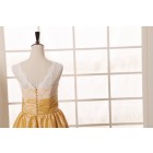 Princessly.com-K1001957-Vintage Ivory Lace Yellow Taffeta Bridesmaid Dress knee Short Length-01