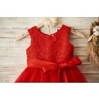 Princessly.com-K1003368 Red Lace Organza Wedding Flower Girl Dress with Belt-01