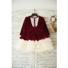 Princessly.com-K1003500-Red Velvet Champagne Tulle Wedding Party Flower Girl Dress with Long Sleeves-01