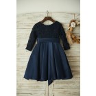 Princessly.com-K1003352 Long Sleeves Navy Blue Lace Satin Wedding Flower Girl Dress with Belt-01