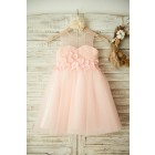 Princessly.com-K1003355-Sheer Neck Pink Tulle Wedding Flower Girl Dress with Beading and 3D Flower-01