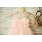 Princessly.com-K1003355-Sheer Neck Pink Tulle Wedding Flower Girl Dress with Beading and 3D Flower-01