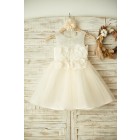 Princessly.com-K1003356 Sheer Neck Ivory Lace Champagne Tulle Wedding Flower Girl Dress-01