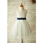 Princessly.com-K1003360 Keyhole Back Silver Gray Lace Tulle Wedding Flower Girl Dress with Bow Belt-01