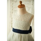Princessly.com-K1003360 Keyhole Back Silver Gray Lace Tulle Wedding Flower Girl Dress with Bow Belt-01