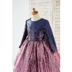 Princessly.com-K1004178-Ombre Navy Pink Sequin V Back Wedding Flower Girl Dress with Bow Kids Party Dress-01