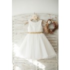 Princessly.com-K1003719-Ivory Lace Tulle V Back Wedding Flower Girl Dress with Gold Sequin Bow-01