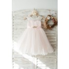 Princessly.com-K1003725 Ivory Lace Pink Tulle Slit Back Wedding Flower Girl Dress with Beaded Belt-01
