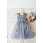 Princessly.com-K1003647-Gray Satin Tulle V Neckline Wedding Flower Girl Dress with Belt-01