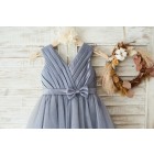 Princessly.com-K1003647-Gray Satin Tulle V Neckline Wedding Flower Girl Dress with Belt-01