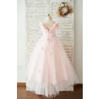 Princessly.com-K1003681-Off Shoulder Pink Tulle Feathers Wedding Party Flower Girl Dress-01