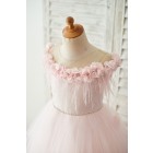Princessly.com-K1003681-Off Shoulder Pink Tulle Feathers Wedding Party Flower Girl Dress-01