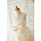 Princessly.com-K1003674 Ivory Lace Champagne Tulle Wedding Party Flower Girl Dress with Pearls-01