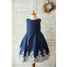 Princessly.com-K1003677-Navy Blue Taffeta Silver Lace Wedding Flower Girl Dress-01