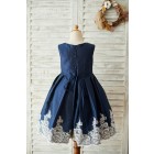 Princessly.com-K1003677-Navy Blue Taffeta Silver Lace Wedding Flower Girl Dress-01