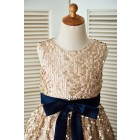 Princessly.com-K1003304-Champagne Gold Sequin Wedding Flower Girl Dress with Navy Blue Belt-01