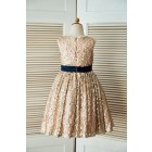 Princessly.com-K1003304-Champagne Gold Sequin Wedding Flower Girl Dress with Navy Blue Belt-01