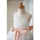 Princessly.com-K1003296-Ivory Lace Tulle Keyhole Back Wedding Flower Girl Dress with Blush Pink Bow-02