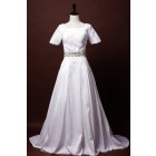 Modest A-line Short Sleeves Scoop Neck Beaded Belt Waist Pleated Court Taffeta Wedding Dress