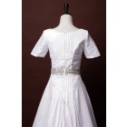 Modest A-line Short Sleeves Scoop Neck Beaded Belt Waist Pleated Court Taffeta Wedding Dress