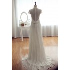 Pleated Column Wedding Dress w/ Full Lace Back, Tulip Cap Sleeves & Court Train