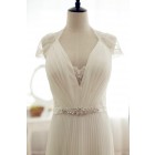 Pleated Column Wedding Dress w/ Full Lace Back, Tulip Cap Sleeves & Court Train